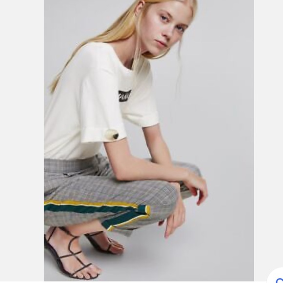 Zara Black & White Check Trouser Pants with Green and Yellow Stripe - Picture 3 of 9